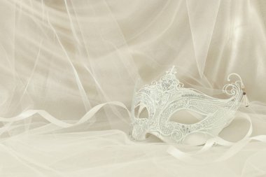 Narin ve zarif beyaz Venedik Maske tül arka plan önünde görüntüsünü.
