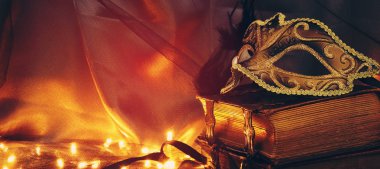 Zarif görüntüsünü altın ve siyah Venedik Maske tül arka plan üzerinde.