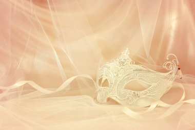 Narin ve zarif beyaz Venedik Maske tül arka plan önünde görüntüsünü.
