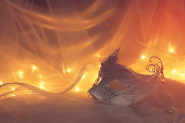 Narin ve zarif beyaz Venedik Maske tül arka plan önünde görüntüsünü.