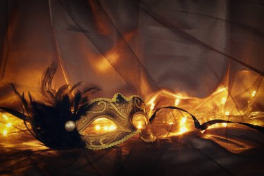 Zarif görüntüsünü altın ve siyah Venedik Maske tül arka plan üzerinde.