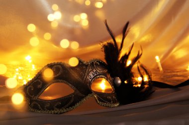 Zarif Venedik maskeyi üzerine altın ipek arka plan görüntü.