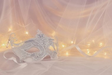 Narin ve zarif beyaz Venedik Maske tül arka plan önünde görüntüsünü.
