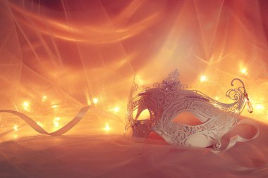 Narin ve zarif beyaz Venedik Maske tül arka plan önünde görüntüsünü.