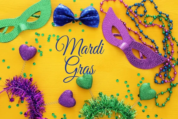 Top view image of masquerade background. Flat lay. Mardi Gras celebration concept. — Stock Photo, Image