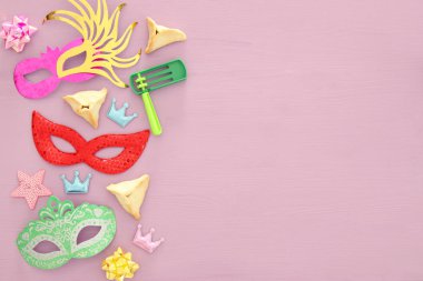 Purim kutlama kavramı (Yahudi karnaval tatil). Üstten Görünüm.