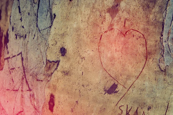 Foto de tronco de árvore velha com o coração esculpido nele. O conceito do Dia dos Namorados. Fundo romântico . — Fotografia de Stock