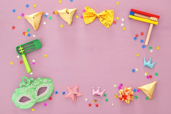 Conceito de celebração Purim (feriado de carnaval judaico). Vista superior . — Fotografia de Stock