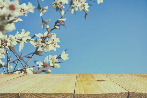 Ahşap rustik masa kiraz çiçekleri ağaç bahar önünde. Vintage filtre uygulanan görüntü. ürün görüntüleme ve kavram piknik. — Stok fotoğraf
