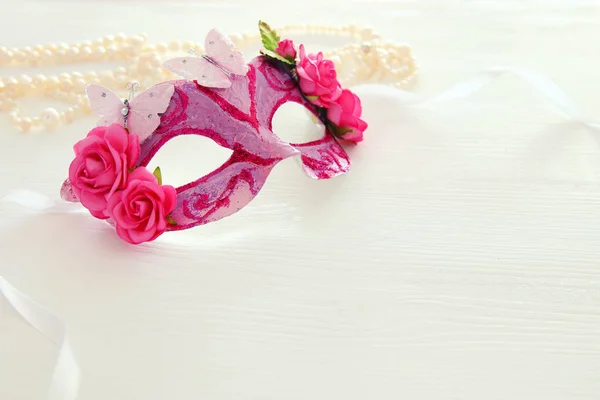 Image Delicate Elegant Venetian Mask Wooden White Background Selective Focus — Stock Photo, Image