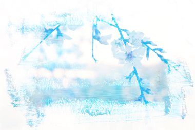 kiraz ağacı rüya gibi ve soyut görüntüsü. suluboya fırça kontur dokusu ile çift pozlama etkisi