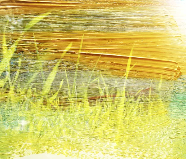 梦幻般的和抽象的草地与绿色的年轻草的形象 水彩笔触纹理对双曝光效果的影响 — 图库照片