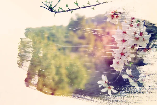 樱桃树的梦幻和抽象的形象。水彩笔触纹理对双曝光效果的影响. — 图库照片