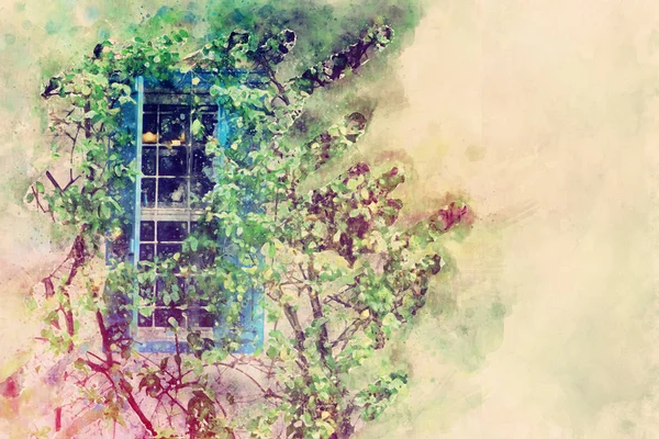 Stylu przypominającym akwarele i abstrakcyjny obraz okna niebieskie i zielone drzewa w parku. — Zdjęcie stockowe