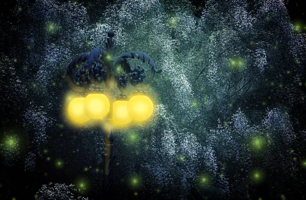 Abstraktní a magický obraz Světlušky letící v nočním lese. Pohádkový koncept. — Stock fotografie