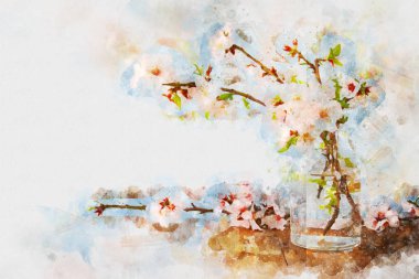 suluboya stil ve kiraz ağacı çiçek soyut resim.