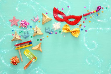 Purim kutlama kavramı (Yahudi karnaval tatil). Üstten Görünüm.