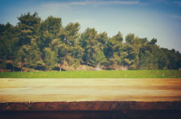 Empty rustic table in front of countryside background. product display and picnic concept. — Stock Photo, Image