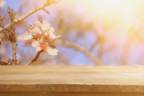 Mesa rústica de madeira na frente da árvore de flores de cereja de primavera. imagem filtrada vintage. exposição do produto e conceito do piquenique . — Fotografia de Stock