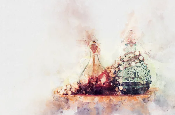 Akvarel styl a abstraktní obraz vinobraní parfémy láhev. — Stock fotografie