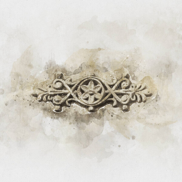 watercolor style and abstract image of victorian ornamental work of metal on antique steel gate.