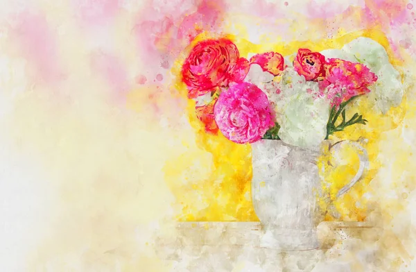 Stylu przypominającym akwarele i abstrakcyjny obraz kwiaty w wazonie. — Zdjęcie stockowe