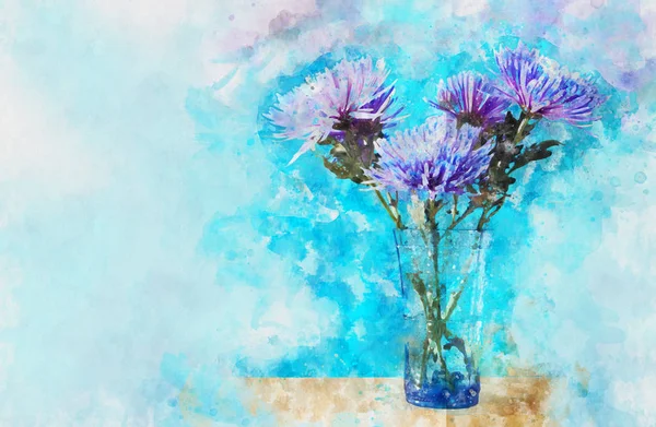 Watercolor style and abstract image of blue and purple flowers in the vase. — Stock Photo, Image