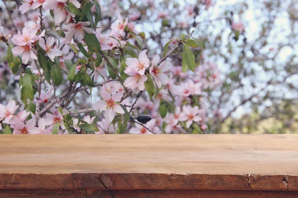 Fából készült rusztikus asztal tavaszi virágok cseresznye fa. termék bemutatás és piknik koncepció. — Stock Fotó