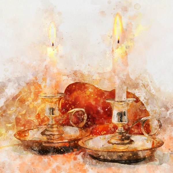 Aquarell-Stil und abstraktes Bild von Shabbat. Challah-Brot und Kerzen auf dem Tisch. — Stockfoto