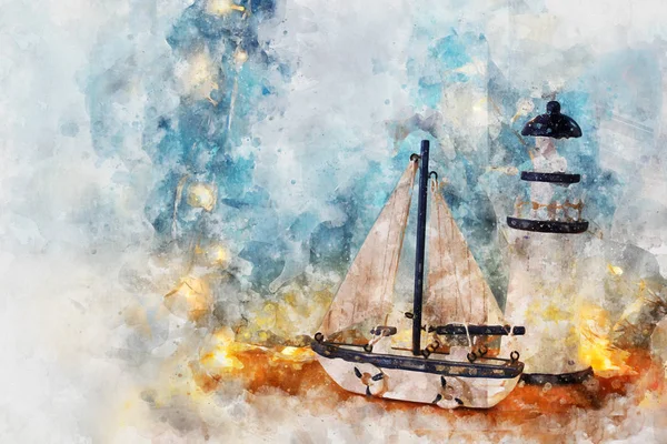 Aquarel stijl en abstracte afbeelding van nautische concept met oude boot. — Stockfoto