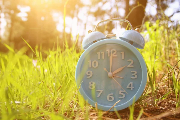 Bild av våren tidsändringar. Sommaren tillbaka koncept. Vintage väckarklocka utomhus. — Stockfoto