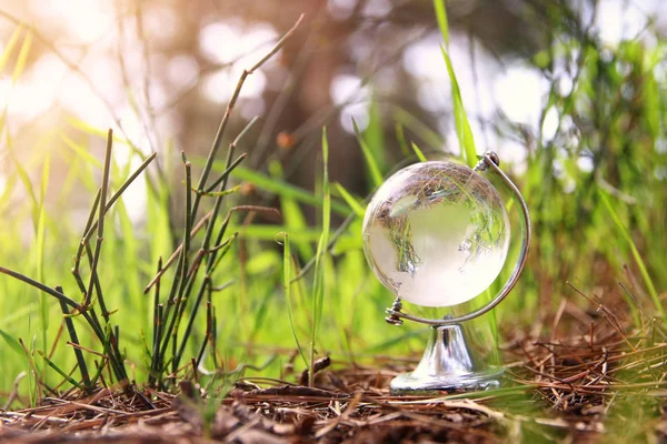 Petit globe de cristal à angle bas dans l'herbe. concept de voyage et enjeux mondiaux . — Photo
