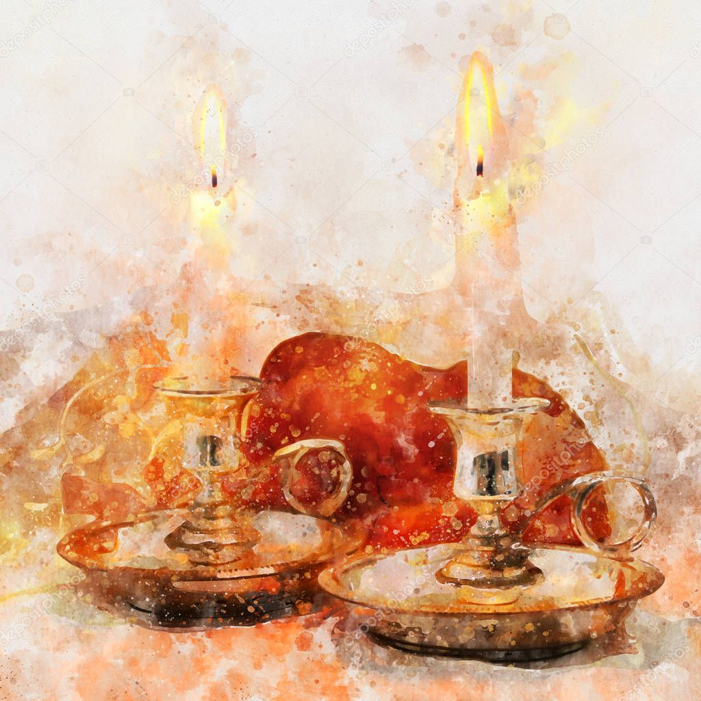 watercolor style and abstract image of shabbat. challah bread and candles on the table.