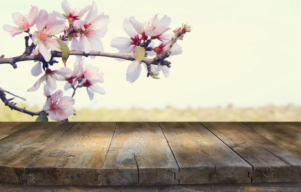 Mesa rústica de madeira na frente da árvore de flores de cereja de primavera. exposição do produto e conceito do piquenique . — Fotografia de Stock