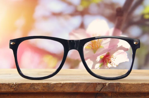 桜の花の前で木製の素朴なテーブルで流行に敏感なメガネ. — ストック写真