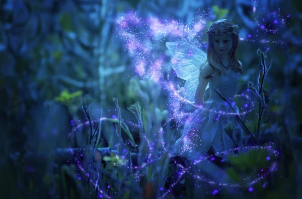 Image de petite fée magique dans la forêt nocturne . — Photo