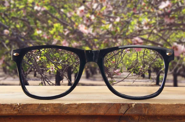 Óculos hipster em uma mesa rústica de madeira na frente de flores de cerejeira . — Fotografia de Stock