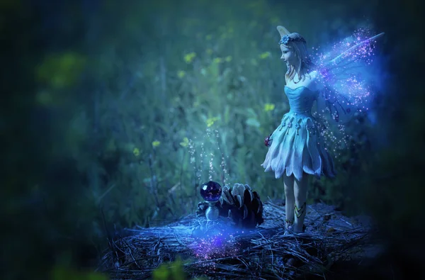 Obrazu magical Fairy trochę w nocy w lesie. — Zdjęcie stockowe