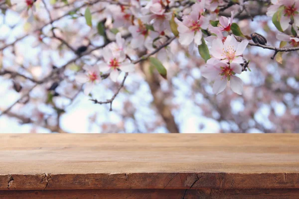 Table rustique en bois devant un arbre en fleurs de cerisier de printemps. affichage du produit et concept de pique-nique . — Photo