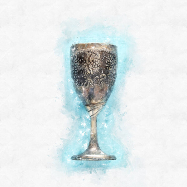 watercolor style and abstract image of jewish wine cup for wine. passover holiday and shabbat concept.