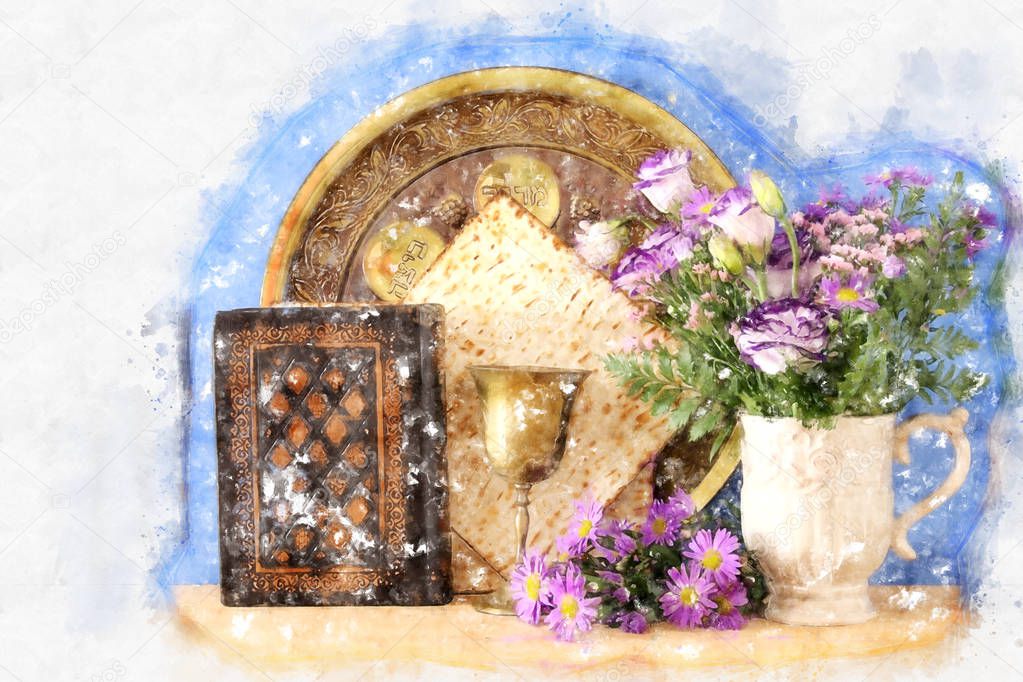 watercolor style and abstract image of Pesah celebration concept (jewish Passover holiday).
