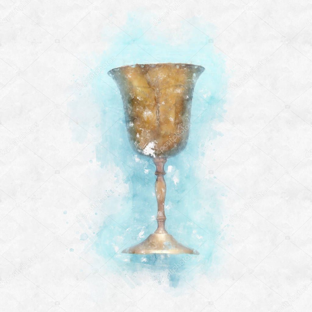 watercolor style and abstract image of jewish wine cup for wine. passover holiday and shabbat concept.