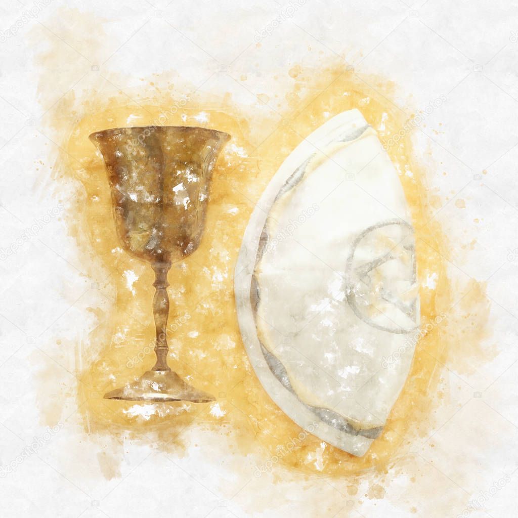 watercolor style and abstract image of jewish wine cup for wine next to Kippah yarmulke (hat). passover holiday and shabbat concept.