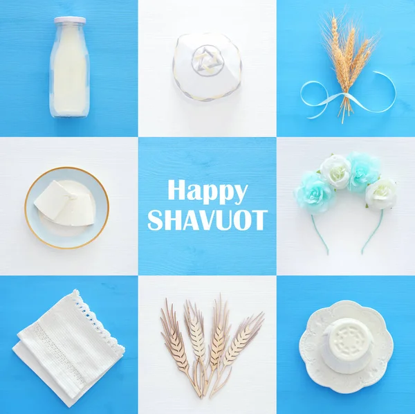 Üstten Görünüm kolaj resim süt ürünleri. Sembolleri Yahudi tatil - Shavuot. — Stok fotoğraf