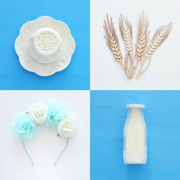 Pohled shora koláž obrázek mléčných výrobků. Symboly z židovských holi — Stock fotografie