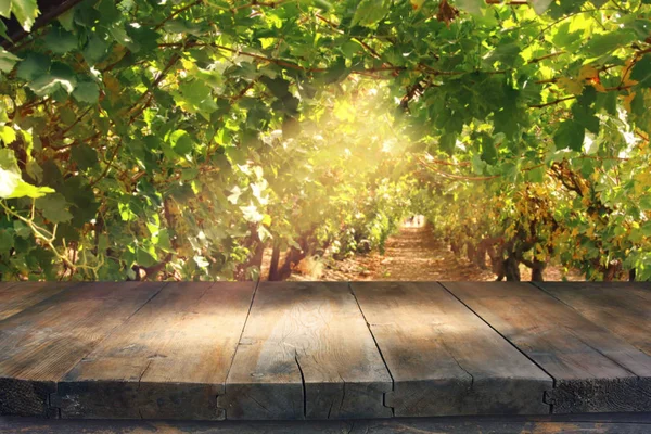 Imagen de mesa de madera frente a un paisaje de viñedo borroso. Listo para montaje en pantalla de producto . — Foto de Stock