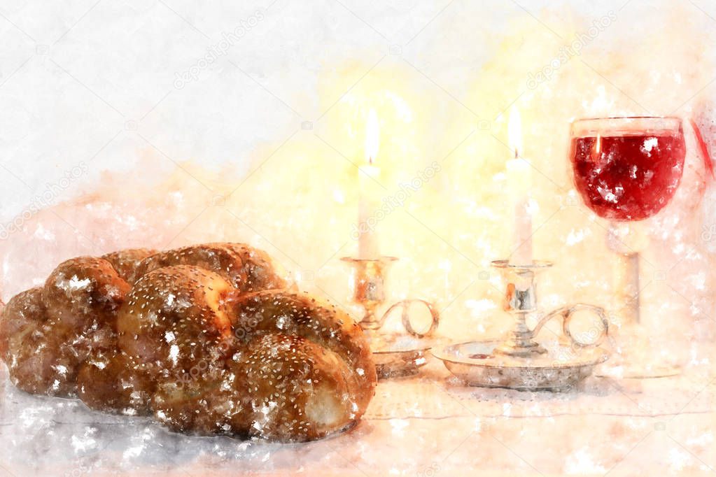 watercolor style illustration of jewish wine cup for wine. passover holiday and shabbat concept.