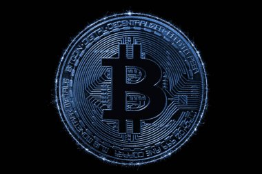 Koyu arka plan üzerinde altın Bitcoin. İş ve sanal cryptocurrency kavramı.
