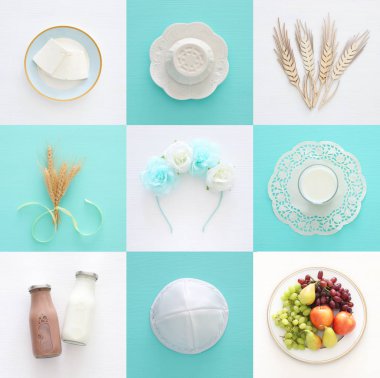 Üstten Görünüm kolaj resim süt ürünleri ve meyve. Sembolleri Yahudi tatil - Shavuot.