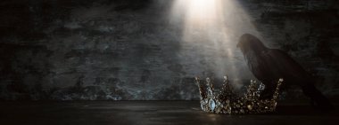 güzel Kraliçe/kral taç ve kara karga düşük anahtar görüntüsü. fantezi Ortaçağ dönemi. Seçici odak.